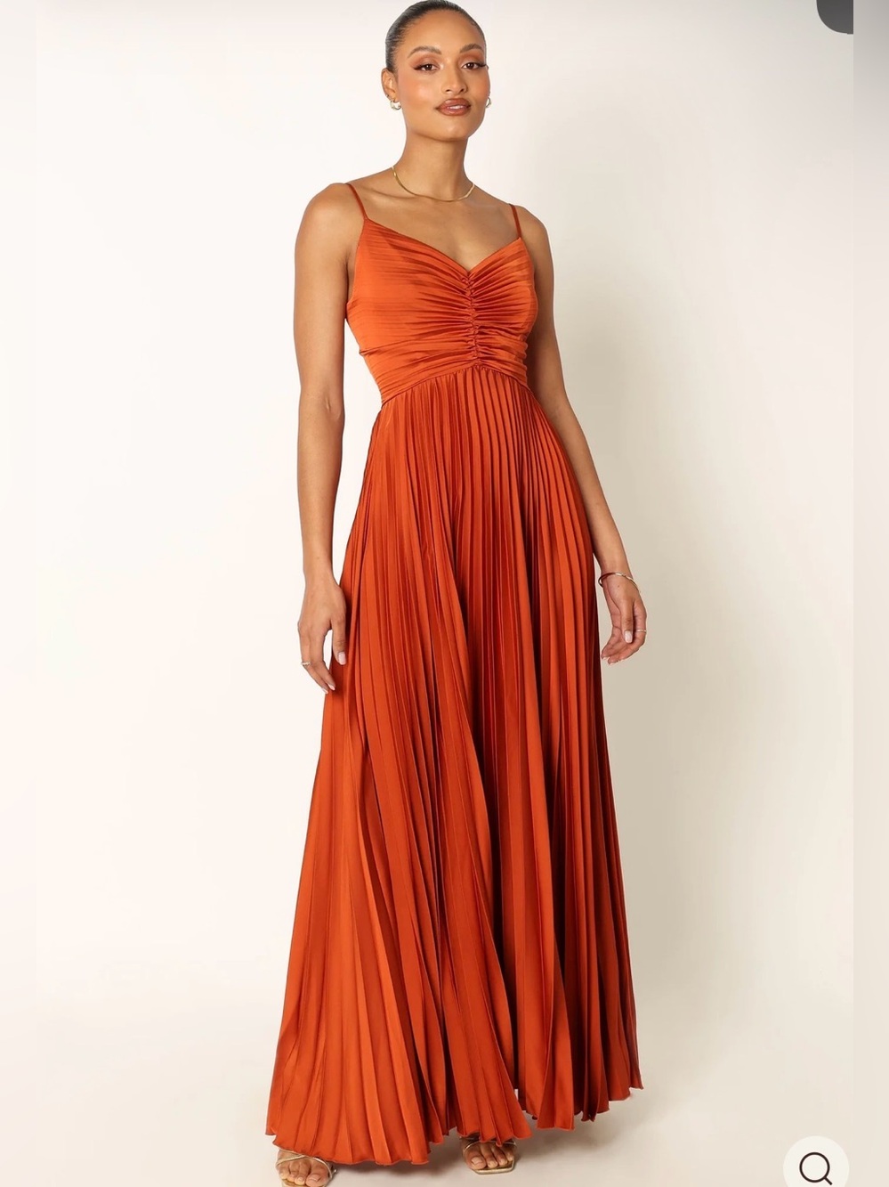 $129 Petal & Pup Naira Pleated Maxi Dress Rust Orange Pleated Maxi Dress